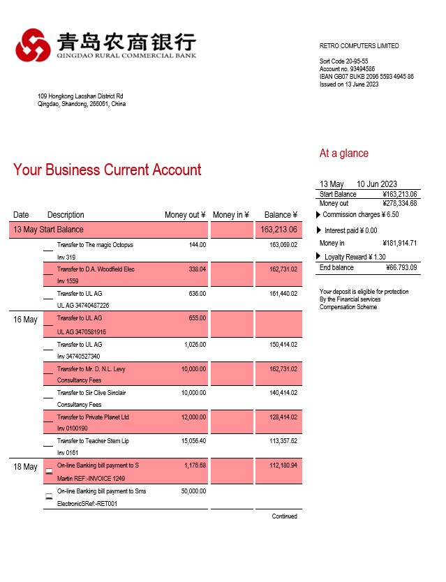 Modèle Word et PDF de relevé de compte de l'organisation de la Qingdao Rural Commercial Bank